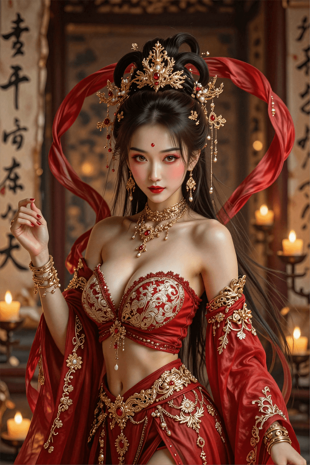 AI generated: A hyper-realistic, cinematic medium shot of an ethereal Asian goddess or princess in ancient traditi...