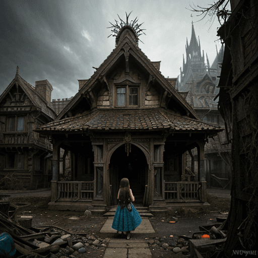 AI generated: Twisted Disney, horror, Princess Rapunzel, post-apocalyptic, colorful, hyperdetailed, dystopian, ele...