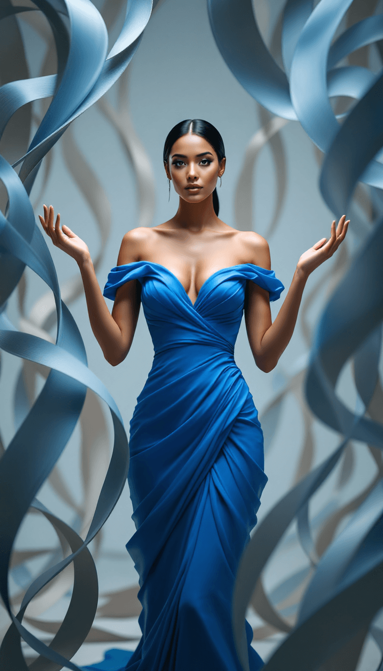 AI generated: The image features a woman standing confidently with both hands lightly touching the swirling, ribbo...