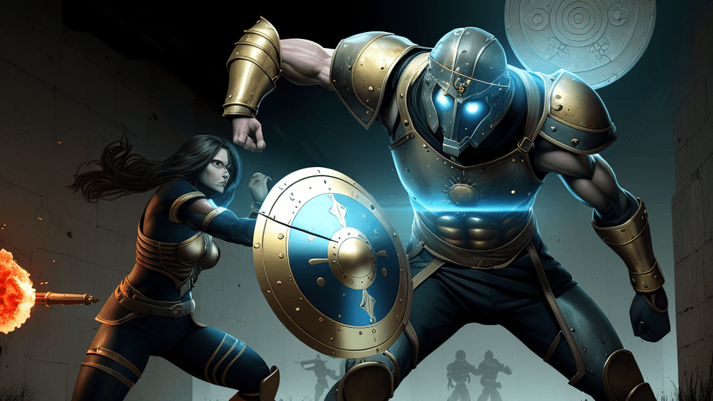 AI generated: 
Secret laboratory, warriors with shields
 in investigations, humans, action, force 
