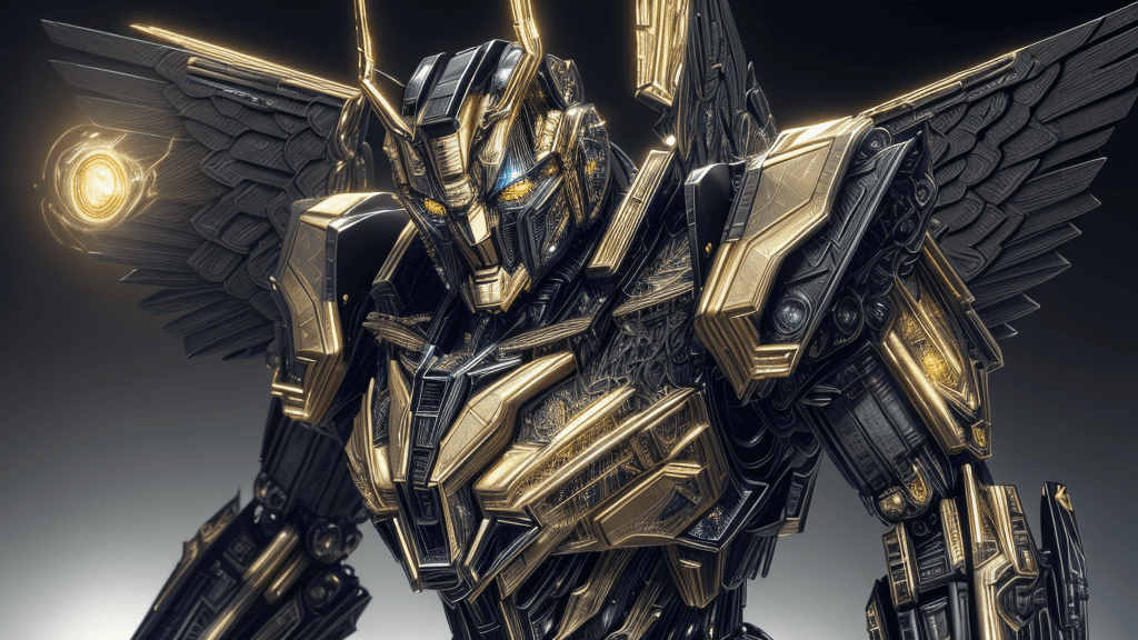 AI generated: Transformers, intricate details, metallic texture, black and gold mecha, dynamic posture, azure eyeb...