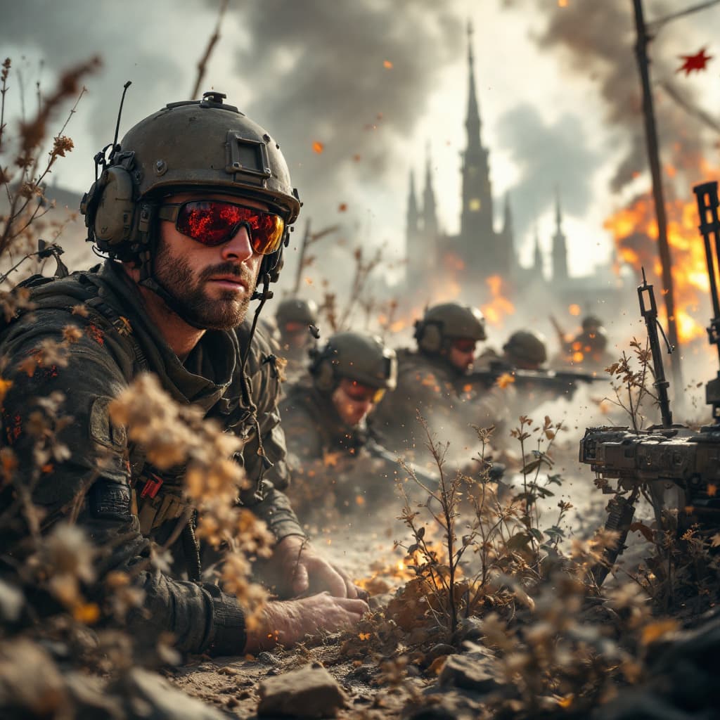 AI generated: Dave Blunts amidst an active warzone, 8k, intricate detail, photorealistic, realistic light, wide an...