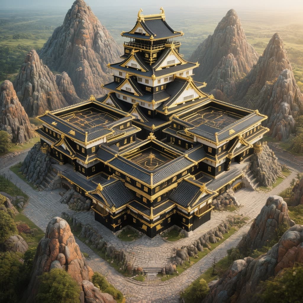 AI generated: create a massive Japanese themed castle colored black with gold trim with five separate courtyards i...