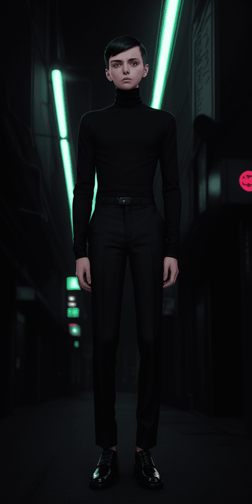 AI generated: [[[((clothing with the smallest details)), a short-haired young man in a classic black turtleneck wi...