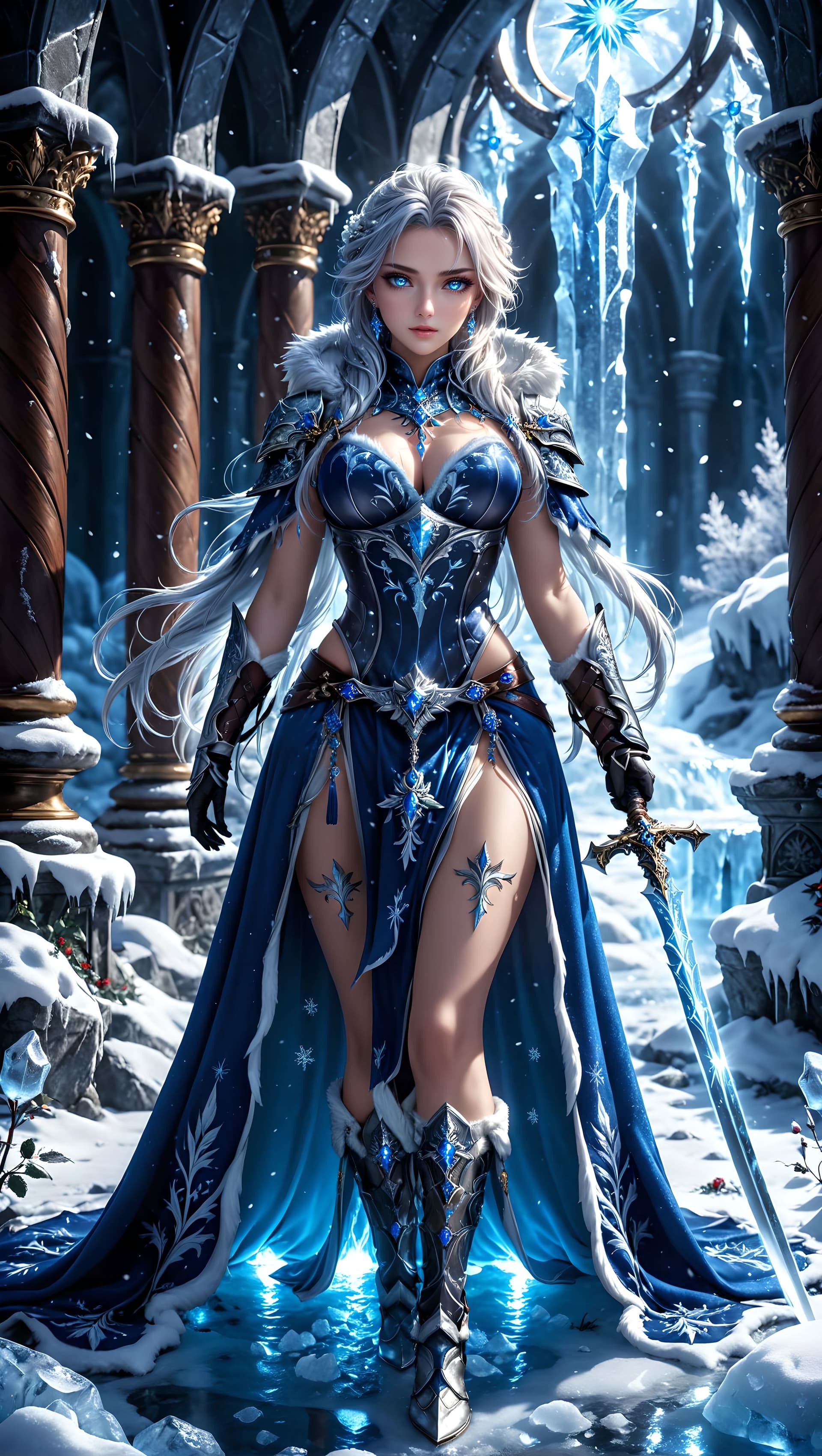 AI generated: Standing amidst an ice-covered battlefield, a fierce warlord in frost-encrusted Renaissance armor gr...
