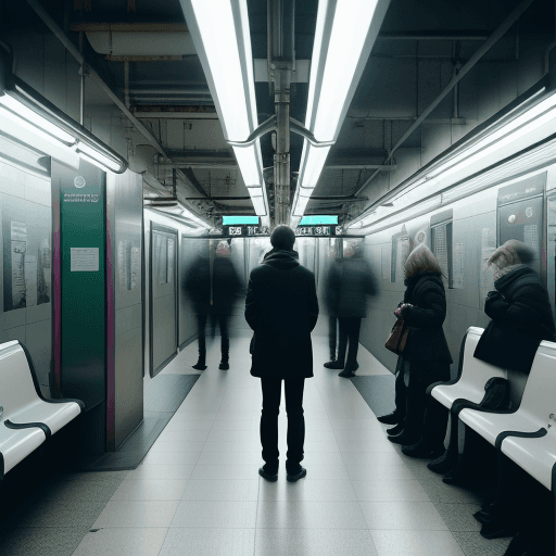 AI generated: create an image of a person standing alone in a subway station, under a single bright fluorescent li...