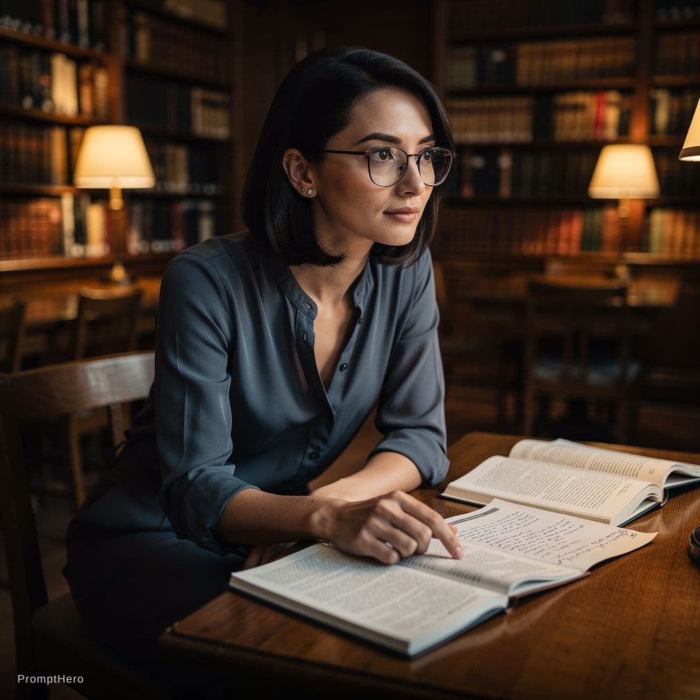 AI generated: A young teacher sits in a quiet library, surrounded by books and knowledge. Her dark-haired beauty i...