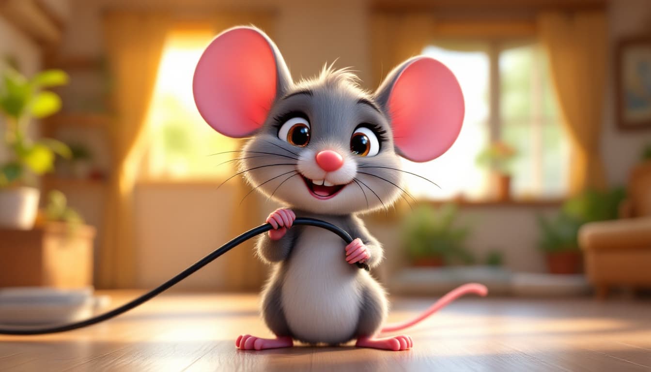 AI generated: A cute, smiling mouse inside a house, holding and nibbling on an electric wire. Pixar or Disney-styl...