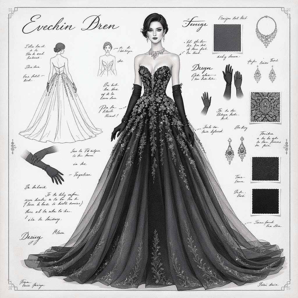 AI generated: A sophisticated fashion illustration of a graceful, elegant woman in a luxurious black evening ball ...