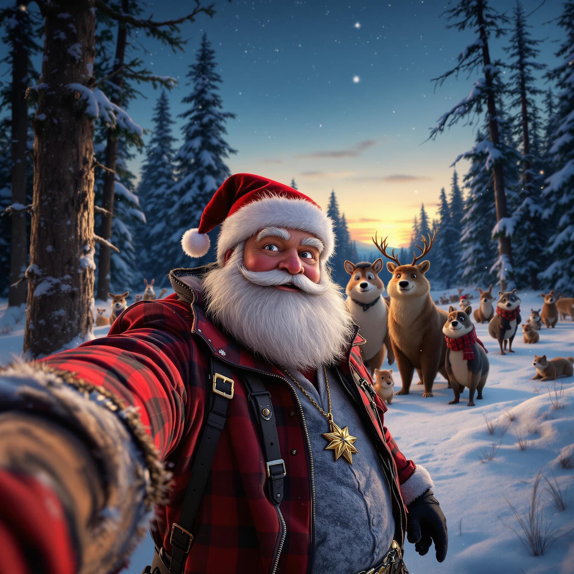 AI generated: In the winter forest, there is an field with many forest animals standing on it. Animated Santa Clau...