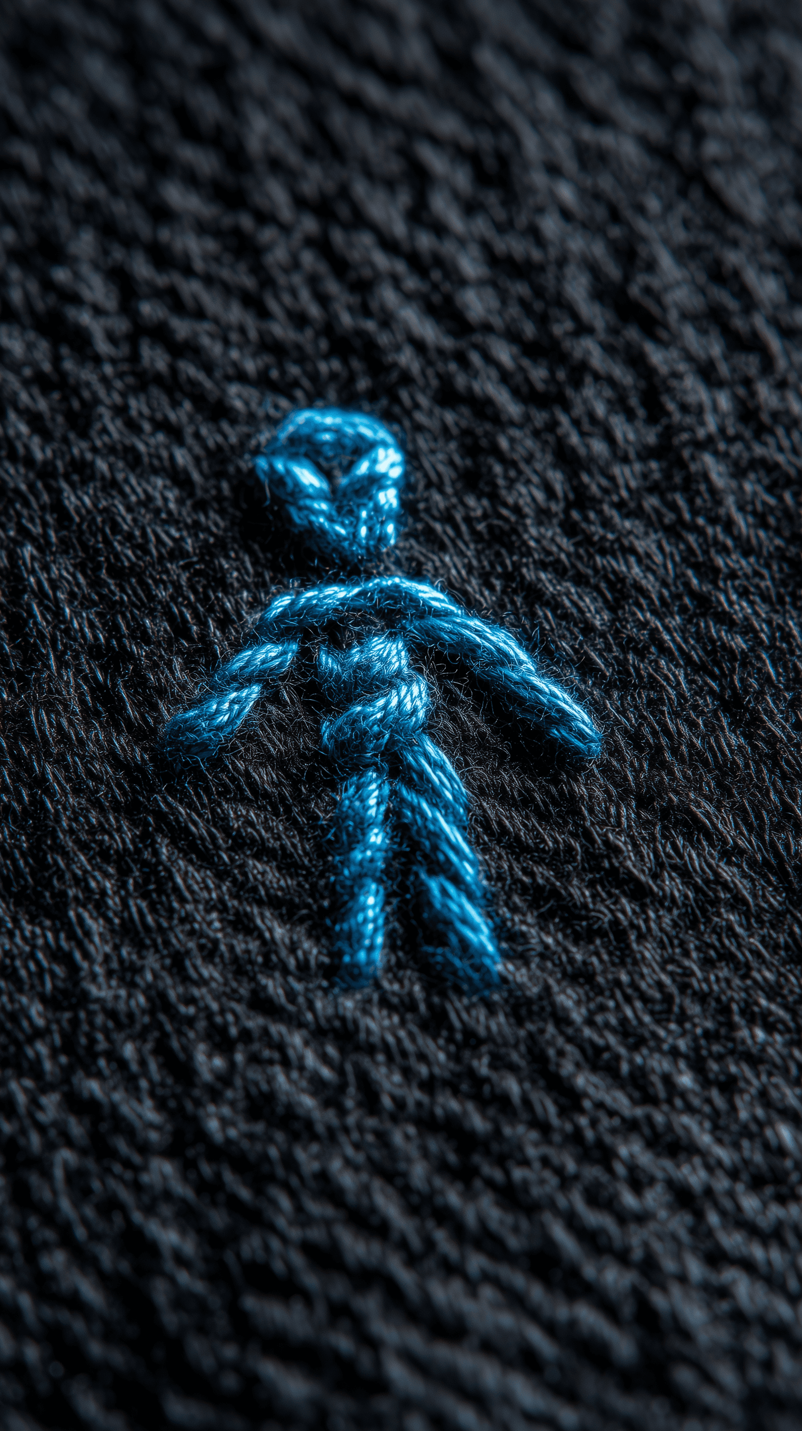 AI generated: realistic, top-view, cyan threads simple alien character, on black fabric, crafted with thick, simpl...