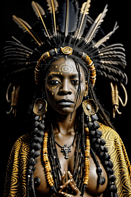 AI generated: Realistic beautiful youthful Voodoo priestess, serious expression, voodoo headdress with feathers an...