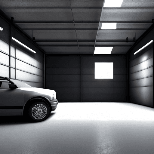AI generated: High realism, minimalism, a very dark large garage without windows, in soft light from a single sour...