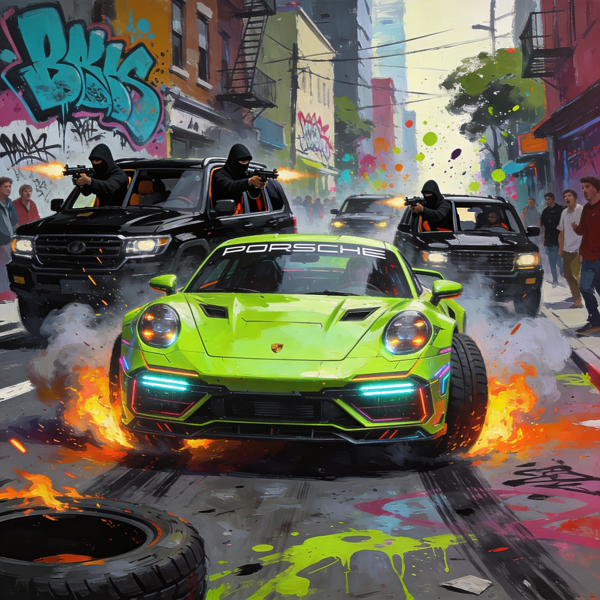 AI generated: Front view of a lime green futuristic porsche with cyberpunk led accent lighting is driving through ...