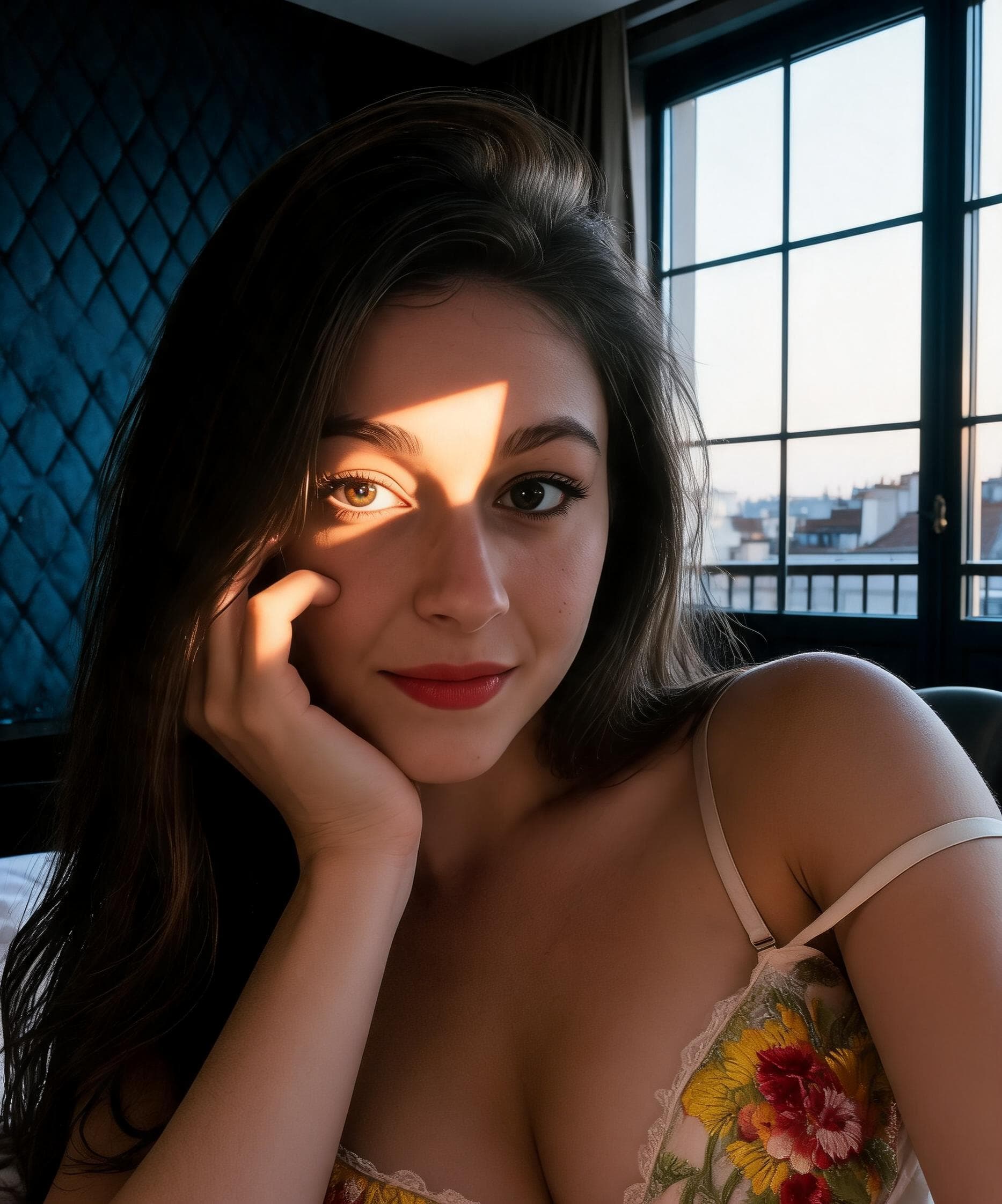 AI generated: A cinematic photorealistic boudoir portrait of a beautiful Belgian woman aged 35 kneeling on a bed. ...