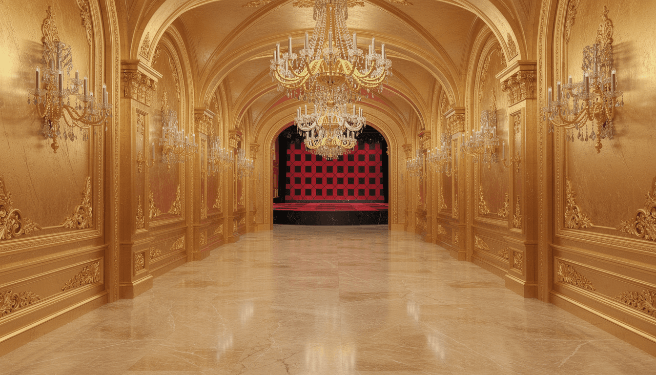 AI generated: Fency corridor with a few chandeliers gold and silver color of Golden color Castle from inside, marb...