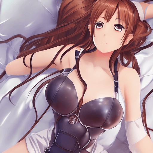 AI generated: Anime visual key of obese Asuna | lying in bed | detailed gorgeous face!! | full body | skimpy armor...
