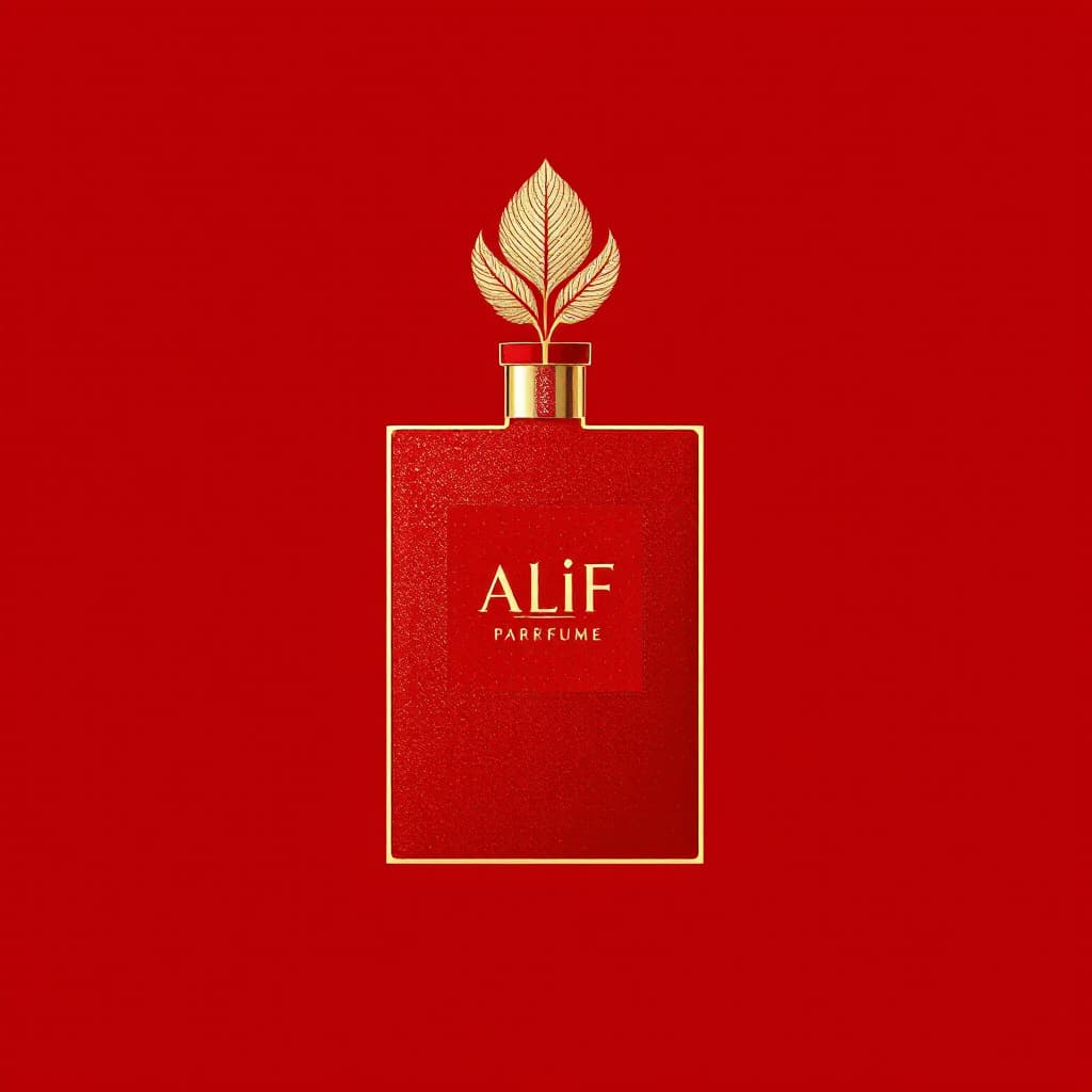 AI generated: Red background with a logo alif with a leaf connected to letters upper point it's for luxury perfume...