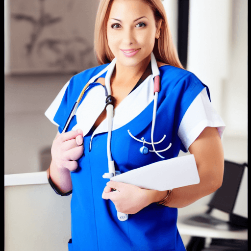 AI generated: Female nurse with unbuttoned blouse, large breasts, black bra