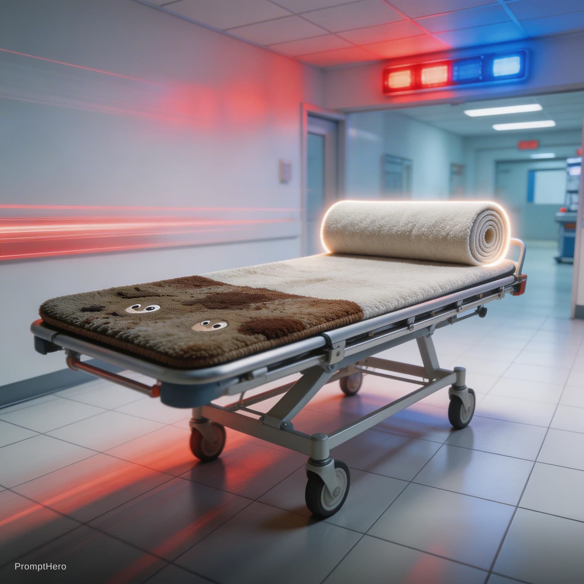 AI generated: Epic, surreal, and humorous social media ad scene.A heavily stained carpet, extremely dirty and chao...