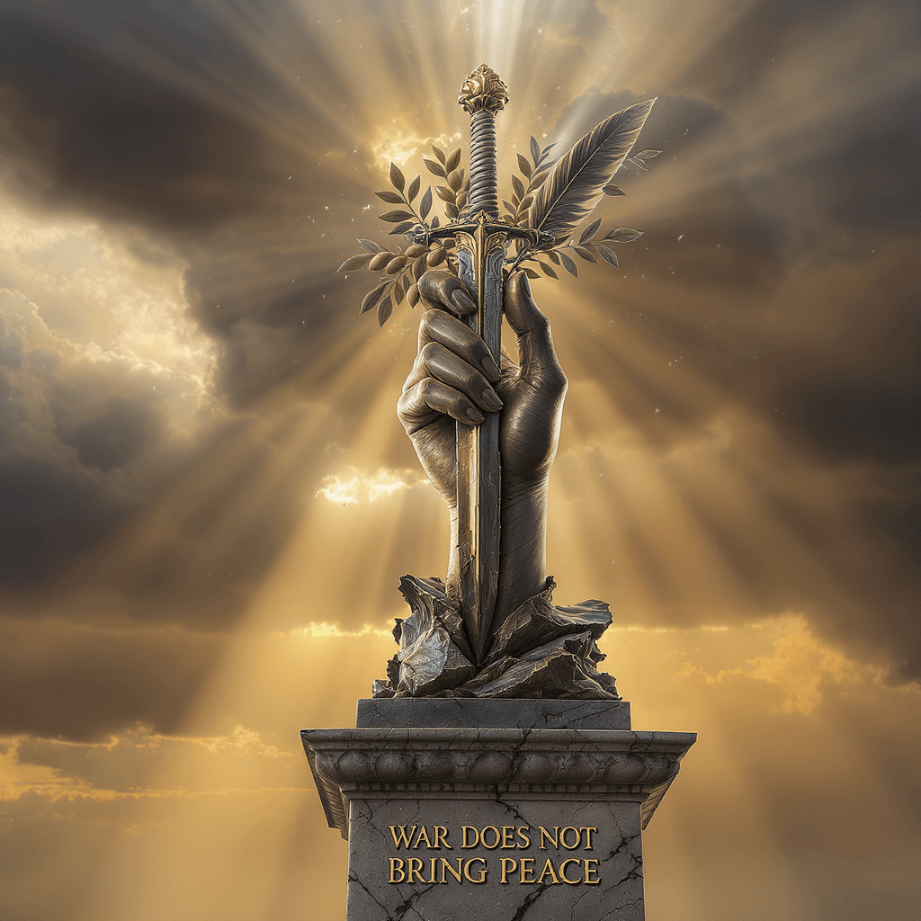 AI generated: A majestic bronze sculpture: A hand transforming a shattered sword into blooming olive branches and ...