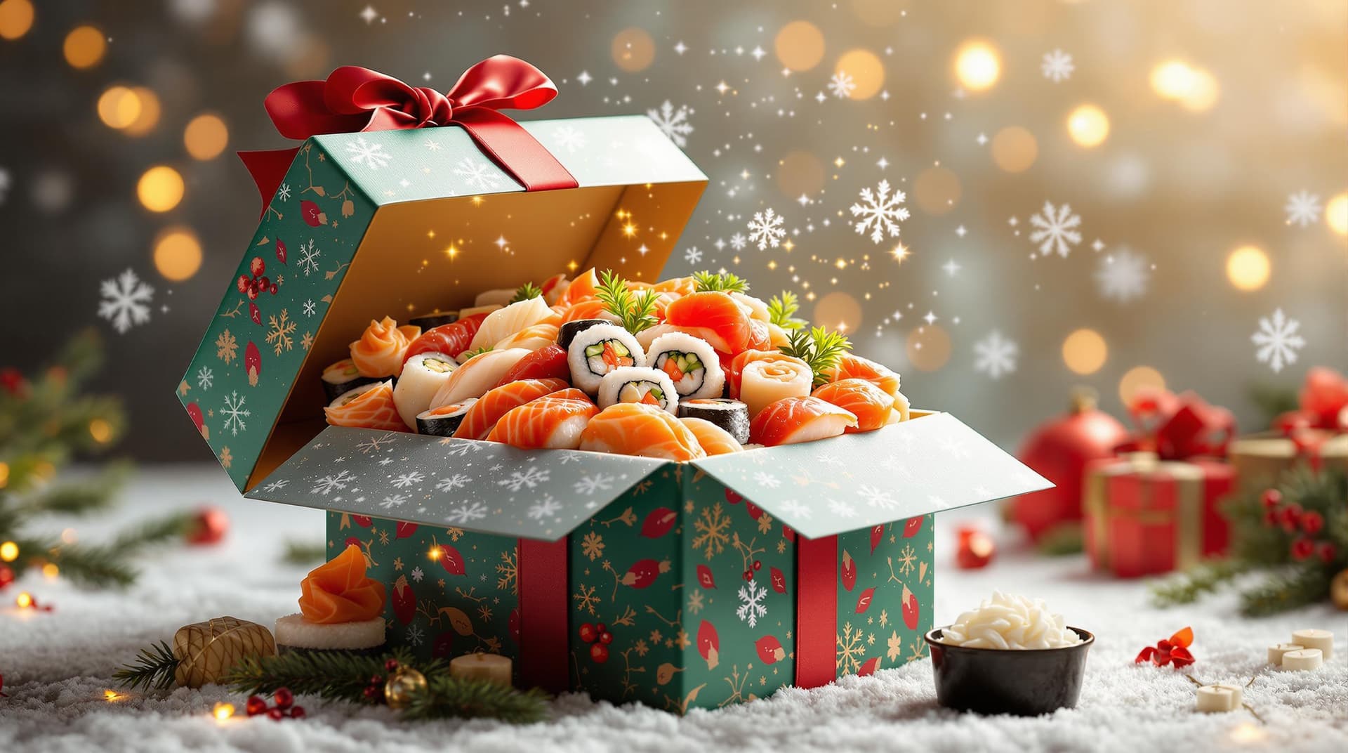 AI generated: Create an image of a festive Christmas scene where a large assortment of mixed sushi pieces is emerg...