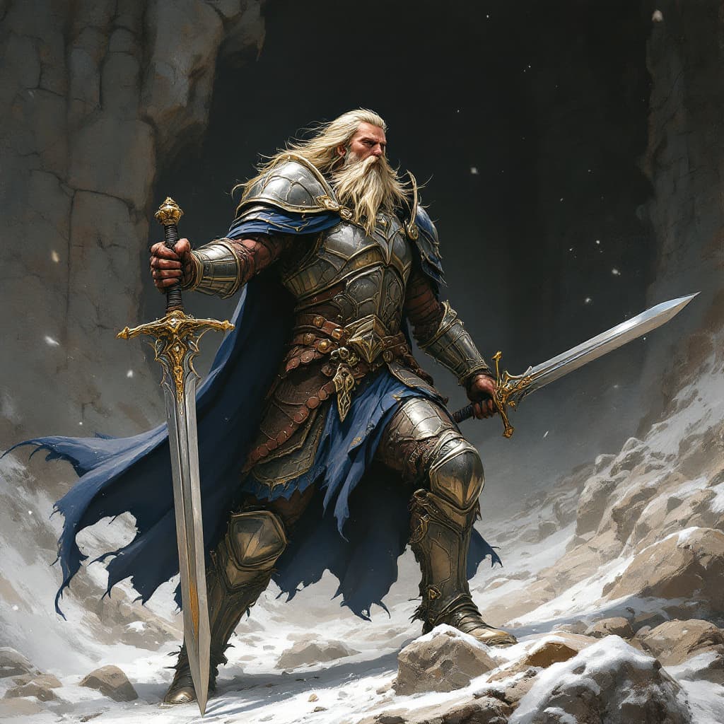 AI generated: Dungeons and Dragons paladin, detailed armor and weapons, dynamic action scene, in the style of fant...