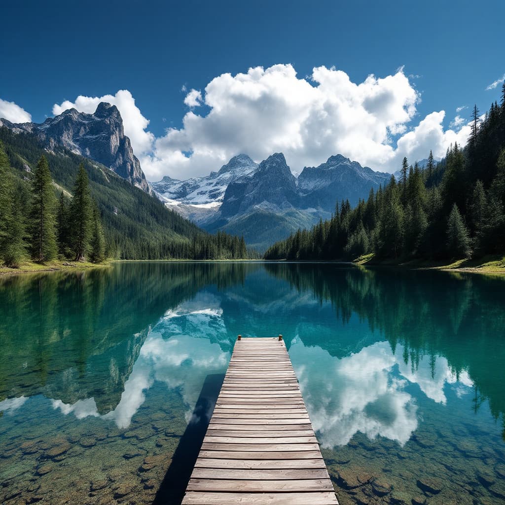 AI generated: A clear, reflective mountain lake surrounded by lush pine forests and towering peaks. The surface of...