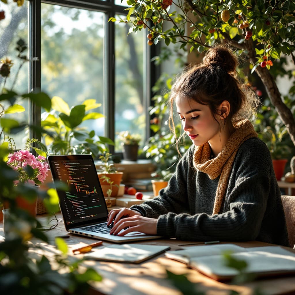 AI generated: A young teenage student coding with her teammates in school in a serene environment with nature doin...