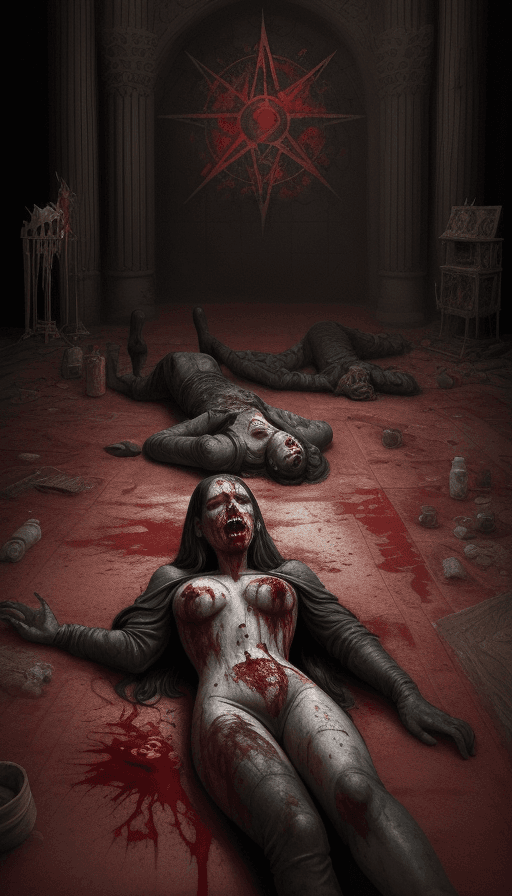AI generated: A painted Hollywood set in on the carpet with blood and gut all over the place with dead bodies all ...