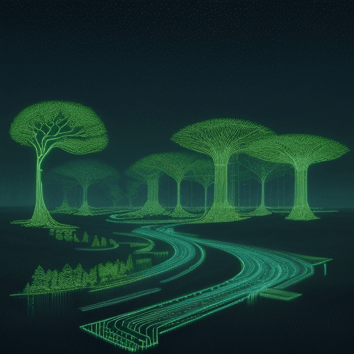 AI generated: digital landscape resembling a natural haven. Incorporate graphic elements reminiscent of lines of c...