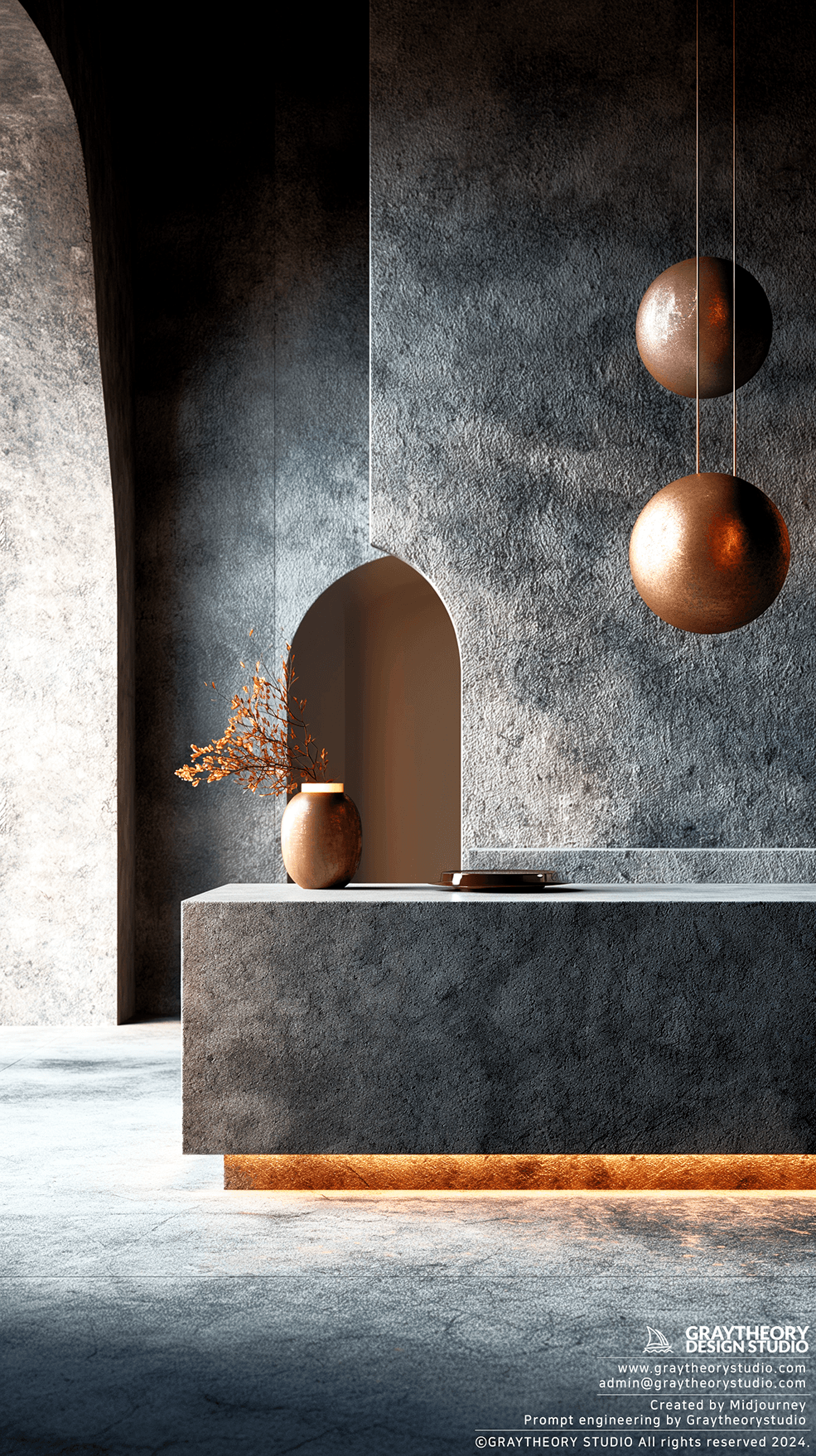 AI generated: reception desk, eggshell-finish concrete, contrasted against a tall, muted indigo wall for a modern ...