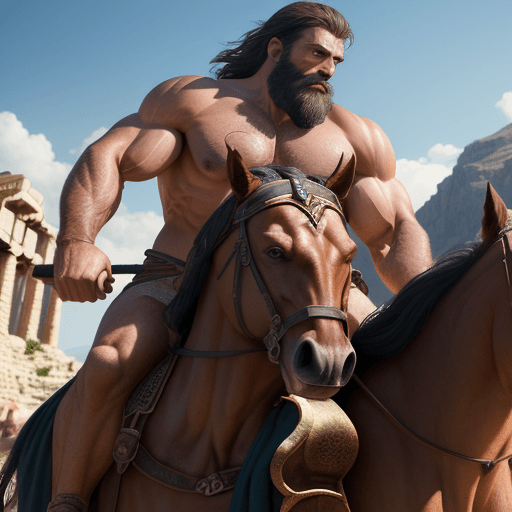 AI generated: Photo of a strong ,bearder ,muscular, man, ancient ,greek, riding a horse, 4k, hyper realistic, focu...