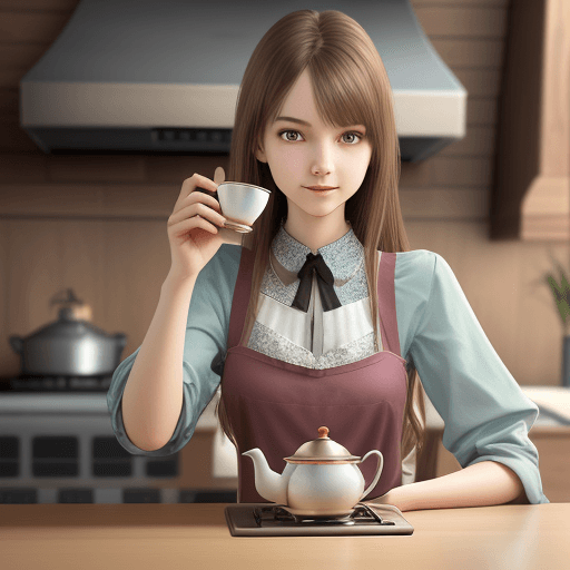 AI generated: photorealistic cute young slender woman in a fractal kitchen pouring tea into a smartphone
