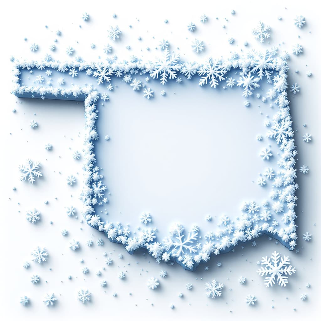 AI generated: •  3D Oklahoma map outlined in snowflakes and icy patterns.