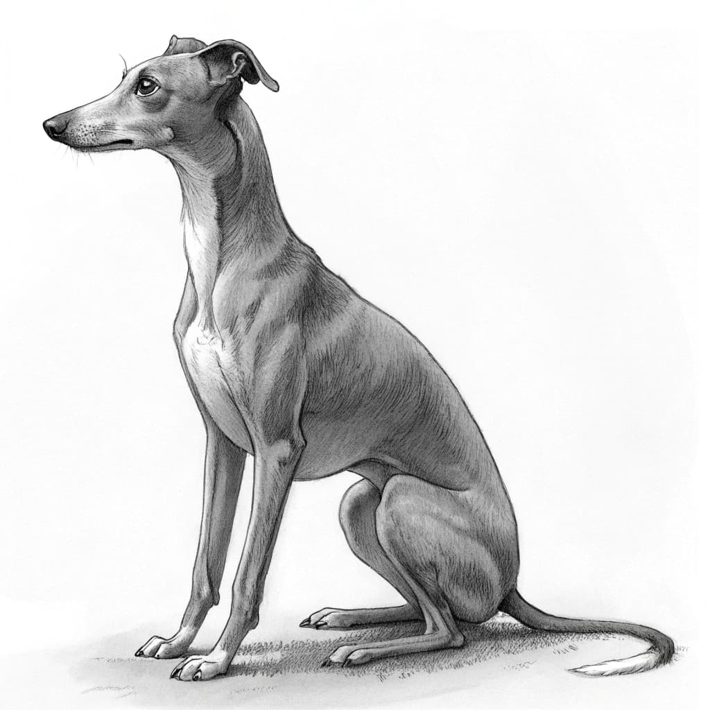 AI generated: Italian greyhound in gray-scale with only four shades. 2d image. The dog is sitting like a human on ...