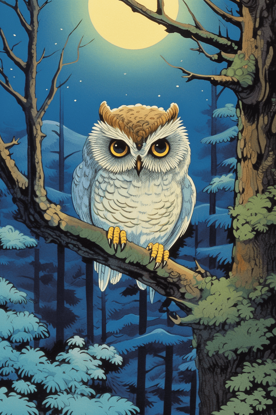 AI generated: Tranquil, wise owl, painting a serene artwork, with wise eyes and a calm demeanor, by Studio Ghibli,...