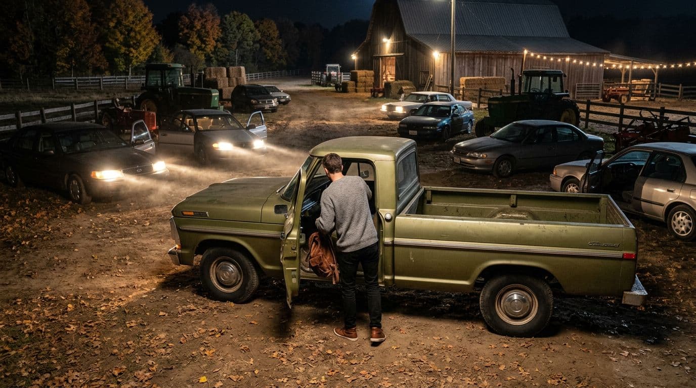 AI generated: In an Autumn night at a ranch. The vintage olive green Ford pick up truck is parked between nine car...