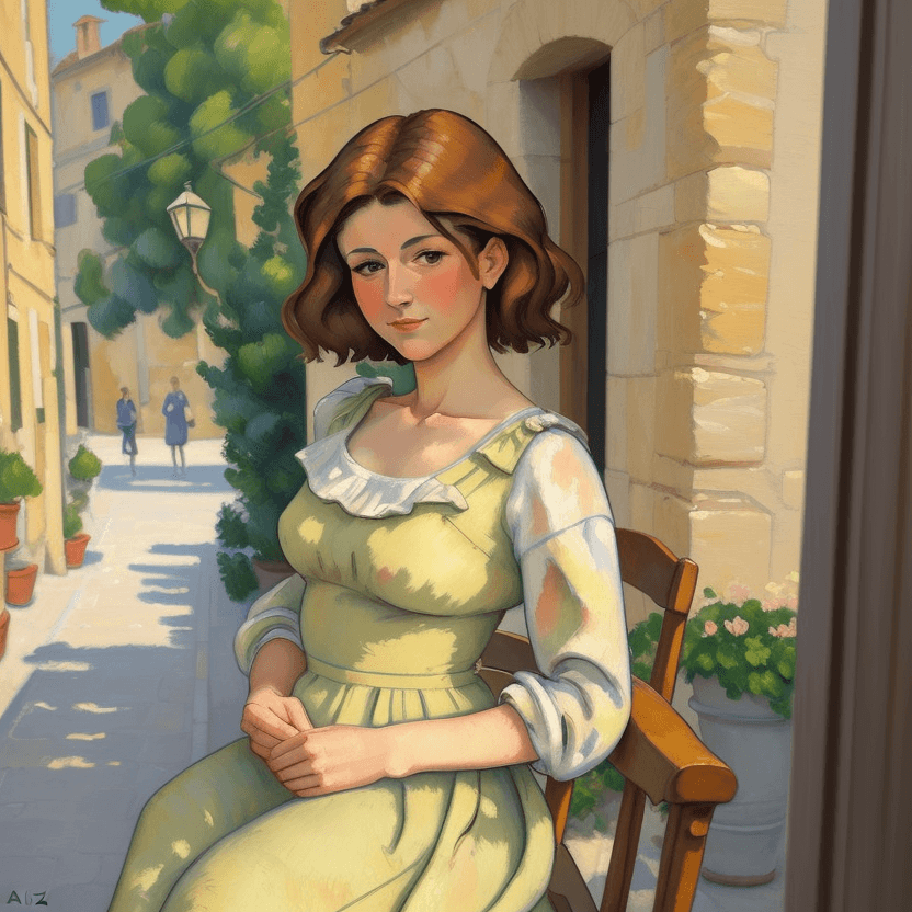 AI generated: Stunning oil on canvas painting of a beautiful middle-aged woman, with brown hair and carre hairstyl...