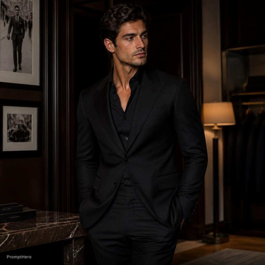 AI generated: Black italian bespoke suit with black undershirt 