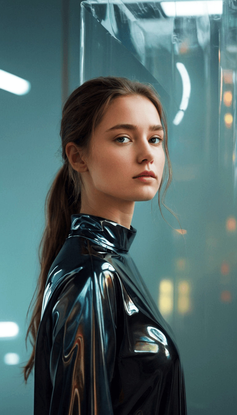 AI generated: digital art, fashion editorial,, dark haired young girl is standing in front of light, in glossy pla...