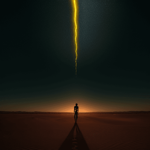 AI generated: Meta Human with bio-illuminated cracks like veins, all over body, standing on an open desert evening