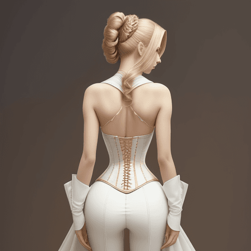 AI generated: a woman in a white dress and a brown corset, beautiful futuristic hair style, photo still of posteri...