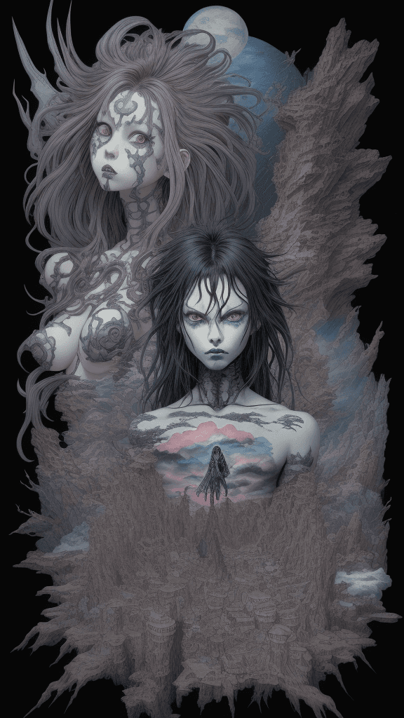 AI generated: complex layered cartoon by sagisawa fumika and by Gerald Brom, complex horizon , complex nvinkpunk b...