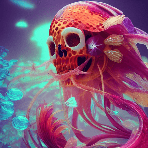 AI generated: goddess close-up portrait ribcagel. jellyfish phoenix head, nautilus, orchid, skull, betta fish, bio...
