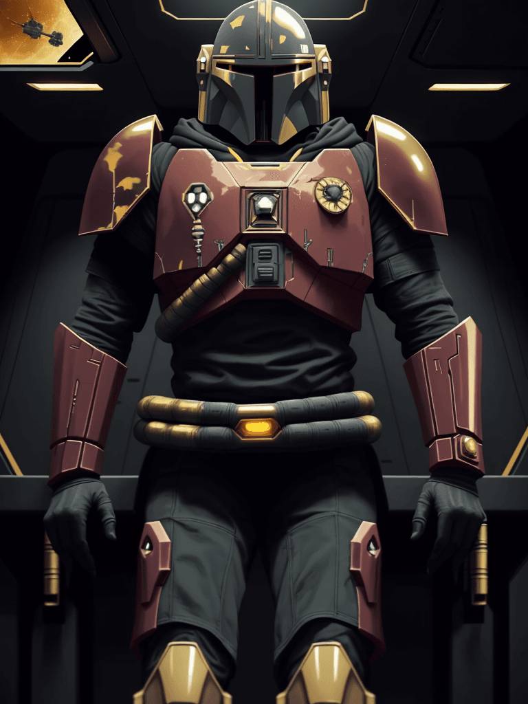AI generated: A haunting scene of a mandalorian with a golden armor| golden armor(red glowing eyes:1.2)| in a rell...