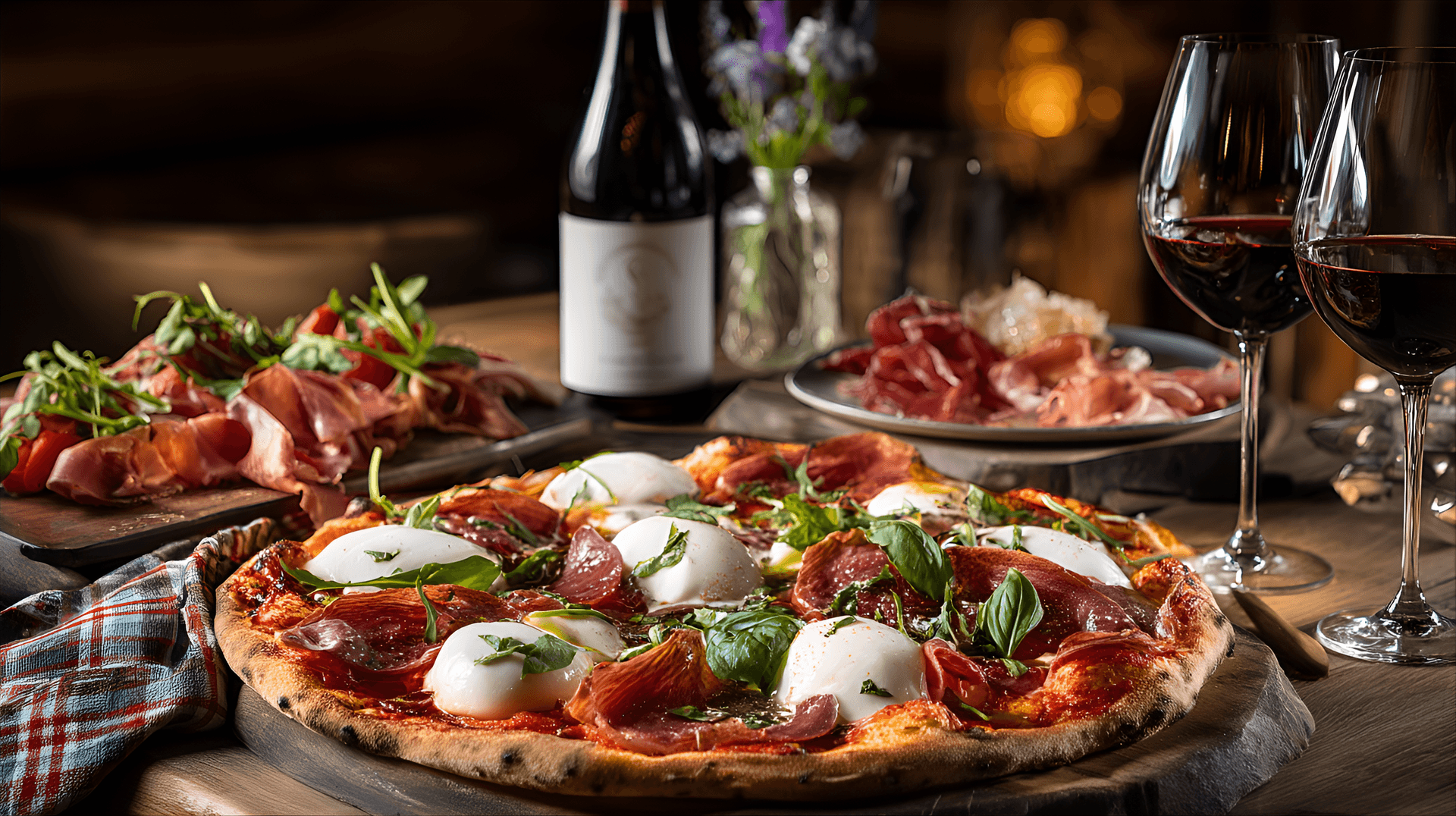 AI generated: food photography of an A vibrant and colorful Italian dinner scene showcasing a Margherita pizza on ...