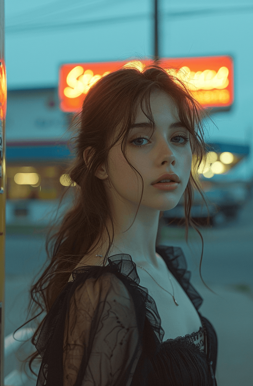 AI generated: a girl with long hair standing outside a gas station, in the style of ethereal romanticism, soft hue...