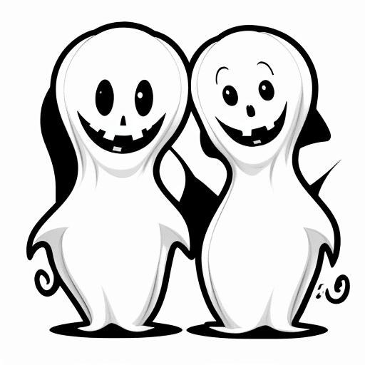AI generated: plain image, line art, fit canvas, white background, cartoon Halloween two cute baby ghosts, colorin...