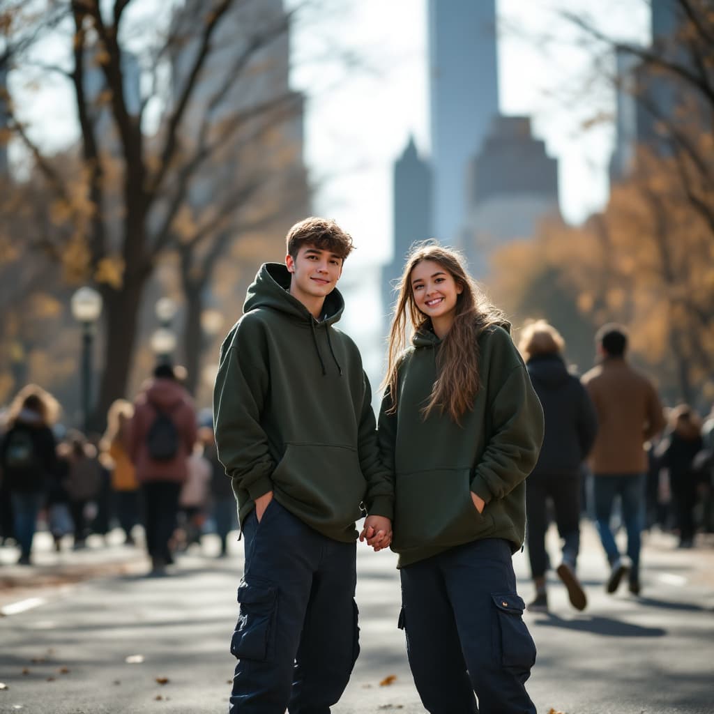 AI generated: photography, snap shot, distance range, cute boy and girl model, full-body, standing while holding h...